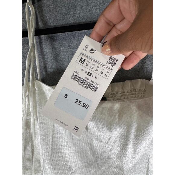 Zara Blouse Women Medium White Tie Shoulder Cropped Satin Coquette Feminine - Picture 3 of 8